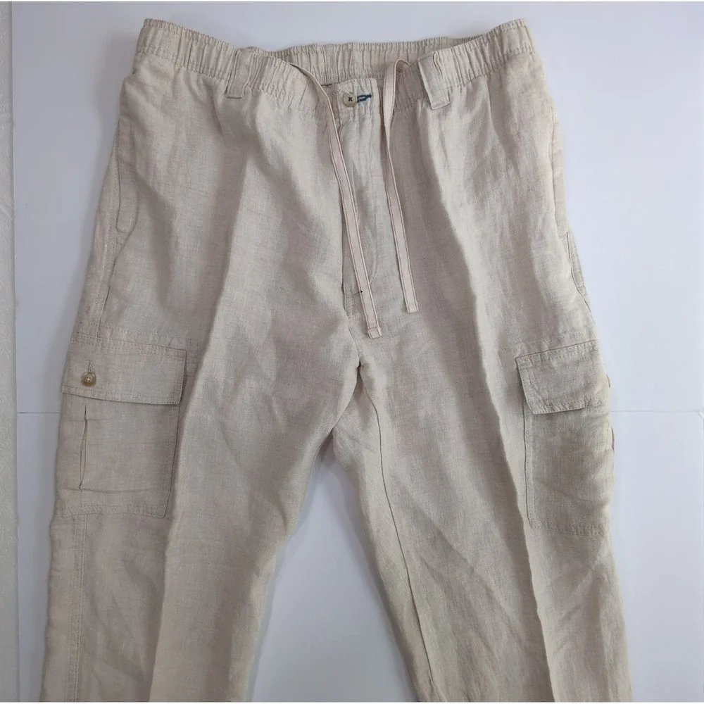 Caribbean Linen Pants Mens 38x30 Beige Cargo Elastic Drawstring Resort Beach